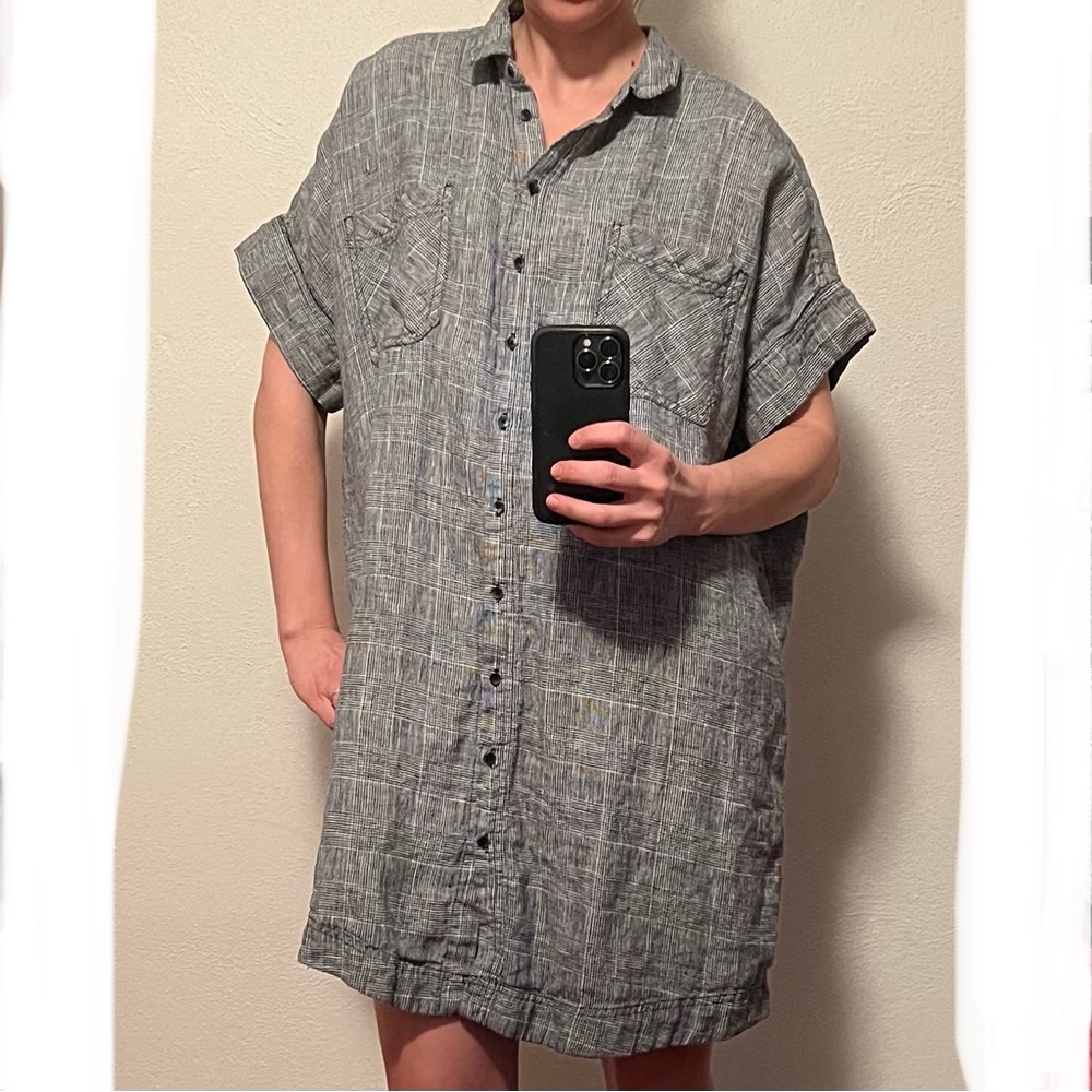 Monoprix Femme French Linen button down shirt dress, plaid/houndstooth